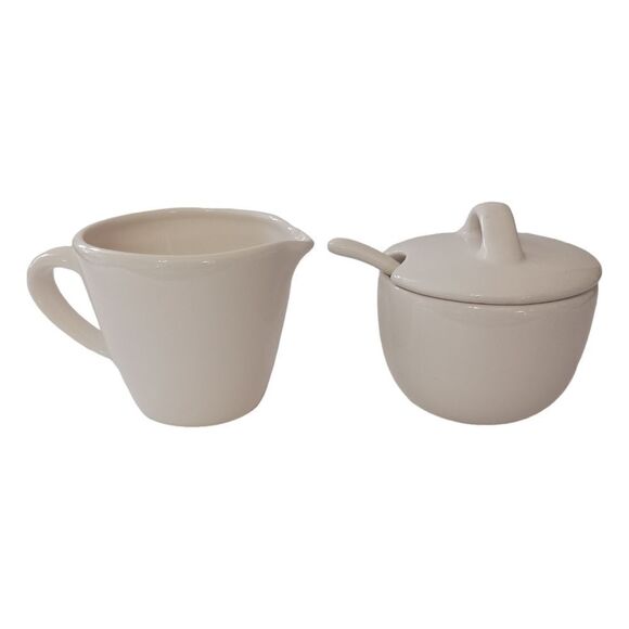 Pottery Barn Sausalito Creamer & Sugar Bowl Set With Spoon Off White Stoneware. - Picture 9 of 16